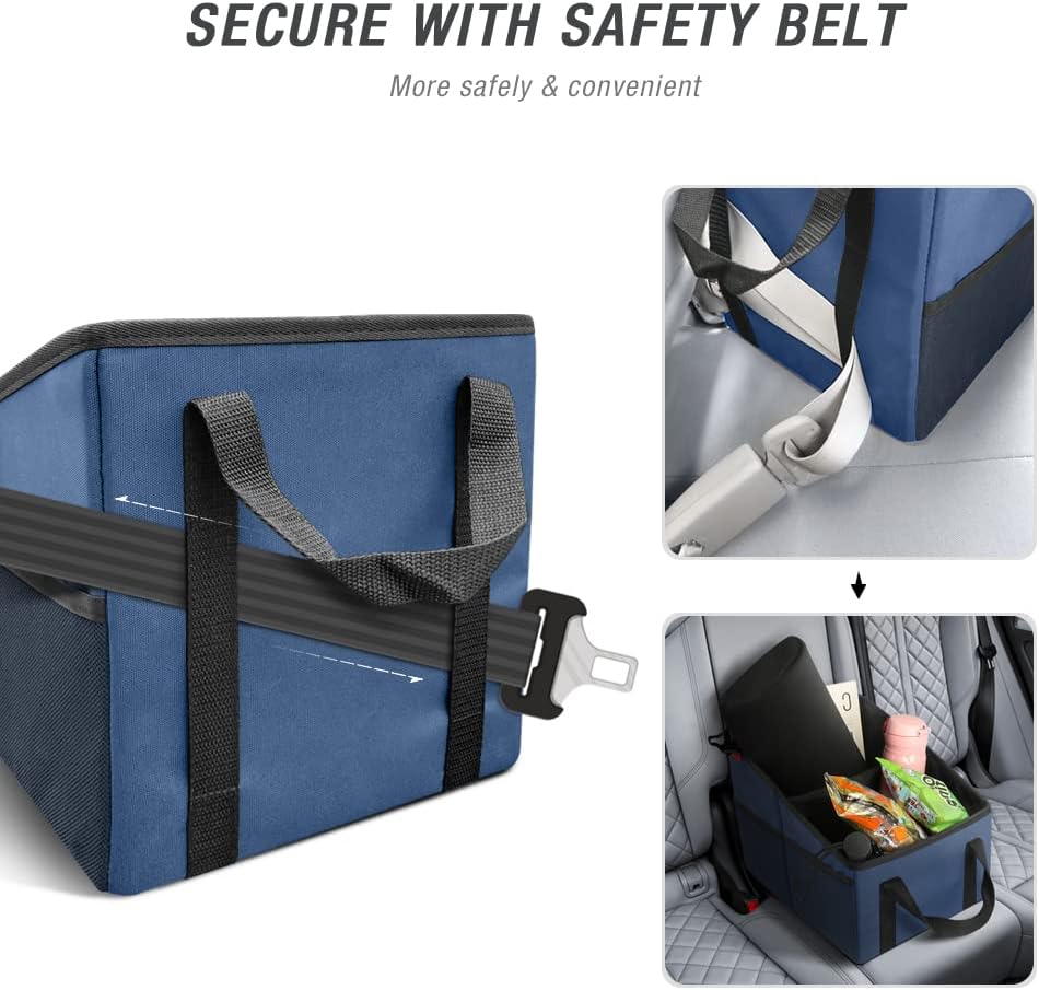 YOOFAN Car Seat Organizer - Passenger Seat Organizer, Collapsible Small Car Seat Storage Organizer for Console Front/Back, Automotive Backseat Organizer with Belt 4 Cup Holders for Kids Accessories