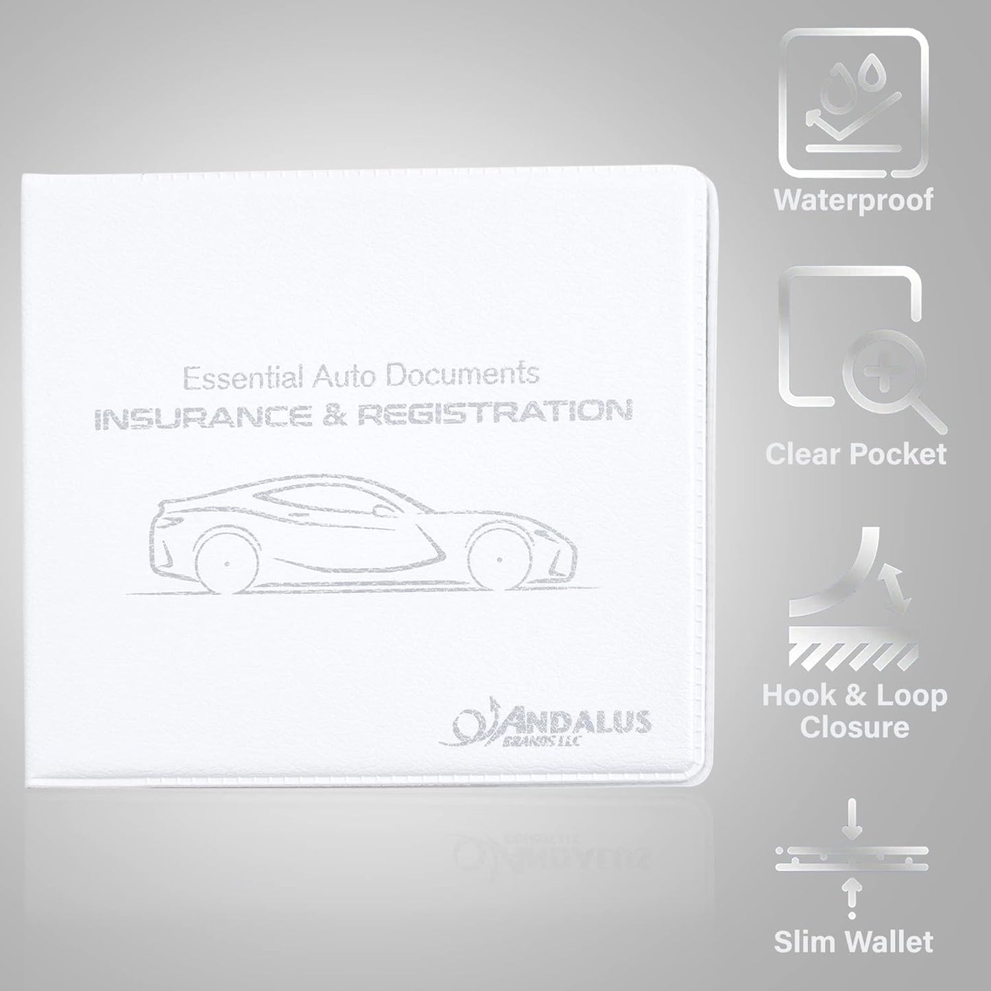 Andalus Auto Registration & Insurance Card Holder Pack of 2, Waterproof Essential Car Registration Holder with Hook & Loop Closure, Perfect for Every Vehicles Glove Boxes (White - 5 1/8" x 4 5/8")