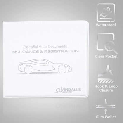 Andalus Auto Registration & Insurance Card Holder Pack of 2, Waterproof Essential Car Registration Holder with Hook & Loop Closure, Perfect for Every Vehicles Glove Boxes (White - 5 1/8" x 4 5/8")