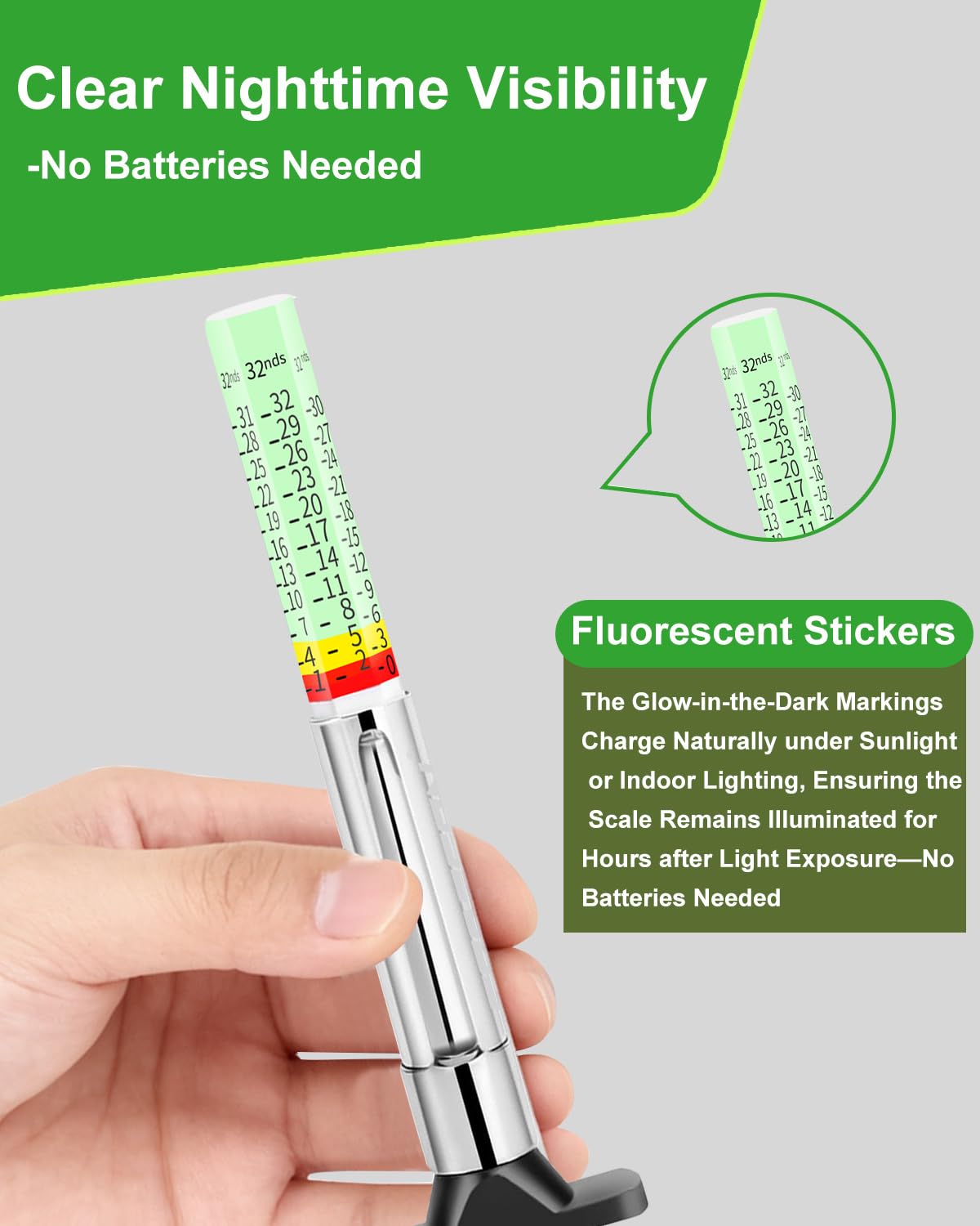 GODESON Tire Tread Depth Gauge, Fluorescent Smart Color-Coded Tire Depth Gauge 32nds,Pocket Clip Tyre Thread Wear Measure Tool for Car, Semi Truck, Motorcycle, Glow-in-The-Dark（Pack of 1）