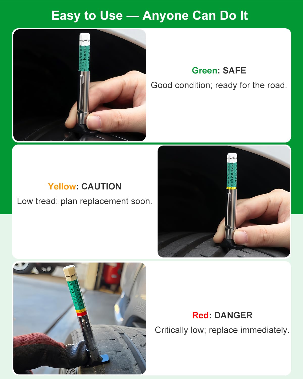 GODESON Tire Tread Depth Gauge & Pencil Tire Pressure Gauge 10-75 PSI, Calibrated to ANSI B40.1 Grade B(±2%), Color-Coded Tread Indicator, 4 Valve Caps & Storage Case, Tire Safety Kit for Cars, SUVs