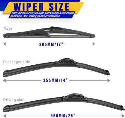 3 wipers Replacement for 2017-2021 2022 Honda CRV CR-V, Windshield Wiper Blades Original Equipment Replacement - 26"/17"/12" (Set of 3) U/J HOOK - Colors B