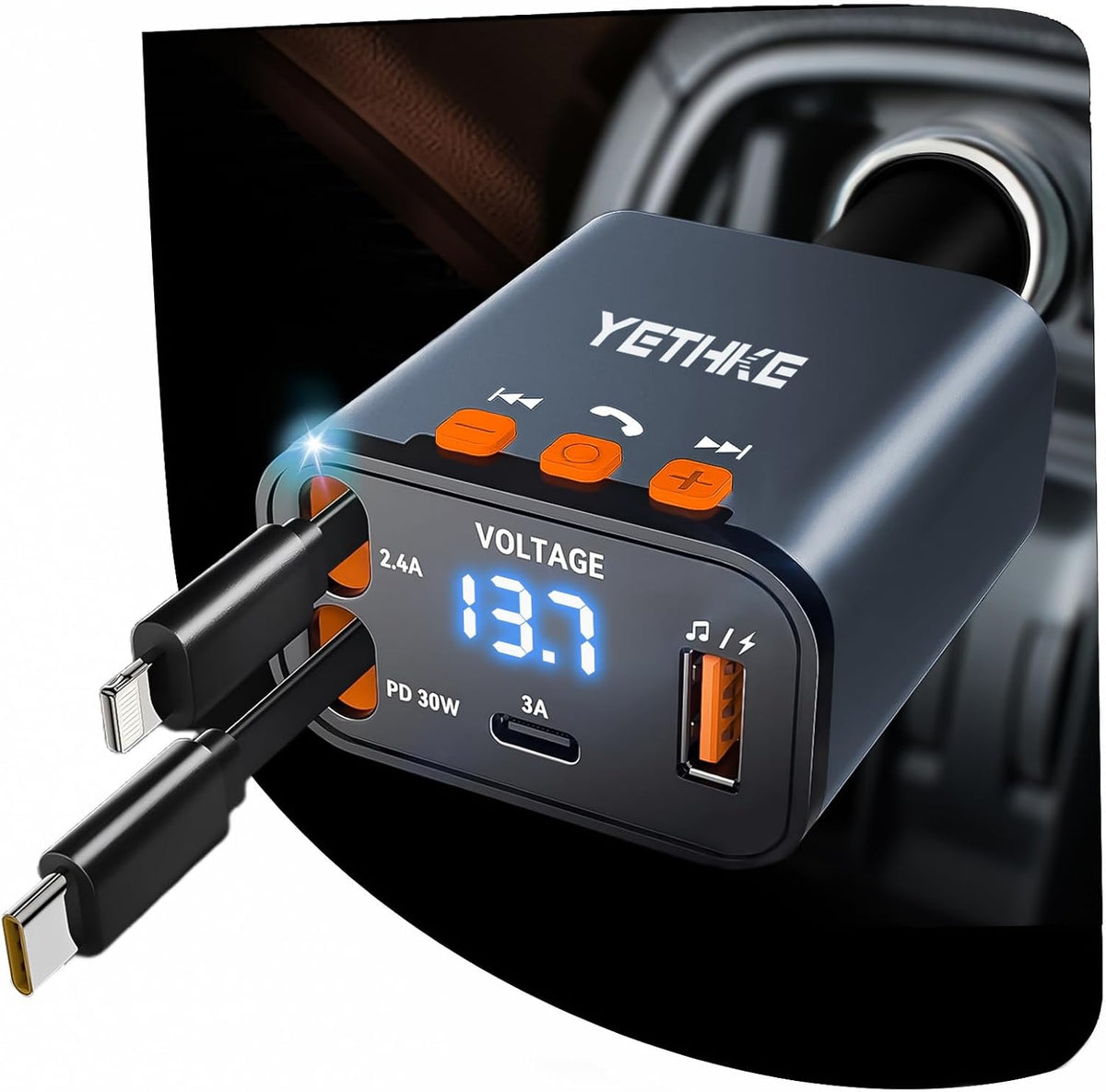 Bluetooth Car Adapter with Retractable Charger, FM Transmitter Bluetooth 5.4 for Cars, 4 in 1 Fast Car Phone Charger 69W, Handsfree Call, 2*Retractable Cable for iPhone 17/16/15/14, Galaxy-Black