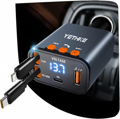 Bluetooth Car Adapter with Retractable Charger, FM Transmitter Bluetooth 5.4 for Cars, 4 in 1 Fast Car Phone Charger 69W, Handsfree Call, 2*Retractable Cable for iPhone 17/16/15/14, Galaxy-Black