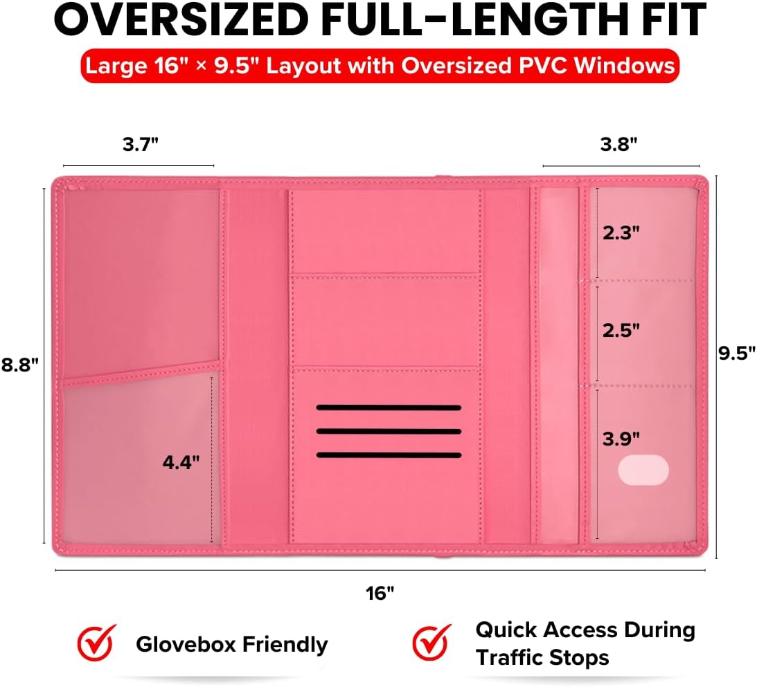LINTRU Car Registration and Insurance Holder Trifold, Oversized Fit with Reinforced Construction, Matte PU Leather Vehicle Glove Box Organizer for Documents, Car Accessories for Men and Women