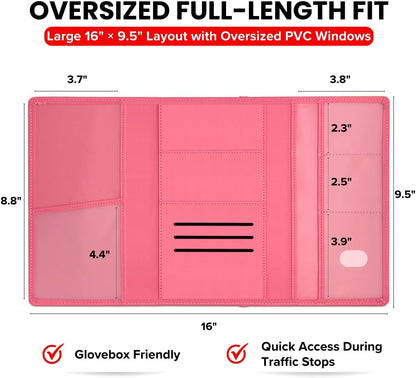 LINTRU Car Registration and Insurance Holder Trifold, Oversized Fit with Reinforced Construction, Matte PU Leather Vehicle Glove Box Organizer for Documents, Car Accessories for Men and Women