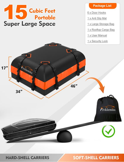 FIVKLEMNZ Rooftop Cargo Carrier - 21 Cubic Waterproof Roof Top Cargo Bag for All Cars SUVs with/Without Rack, Heavy Duty 840D Car Roof Bag with Anti-Slip Mat, 10 Reinforced Straps, 6 Door Hooks & Lock