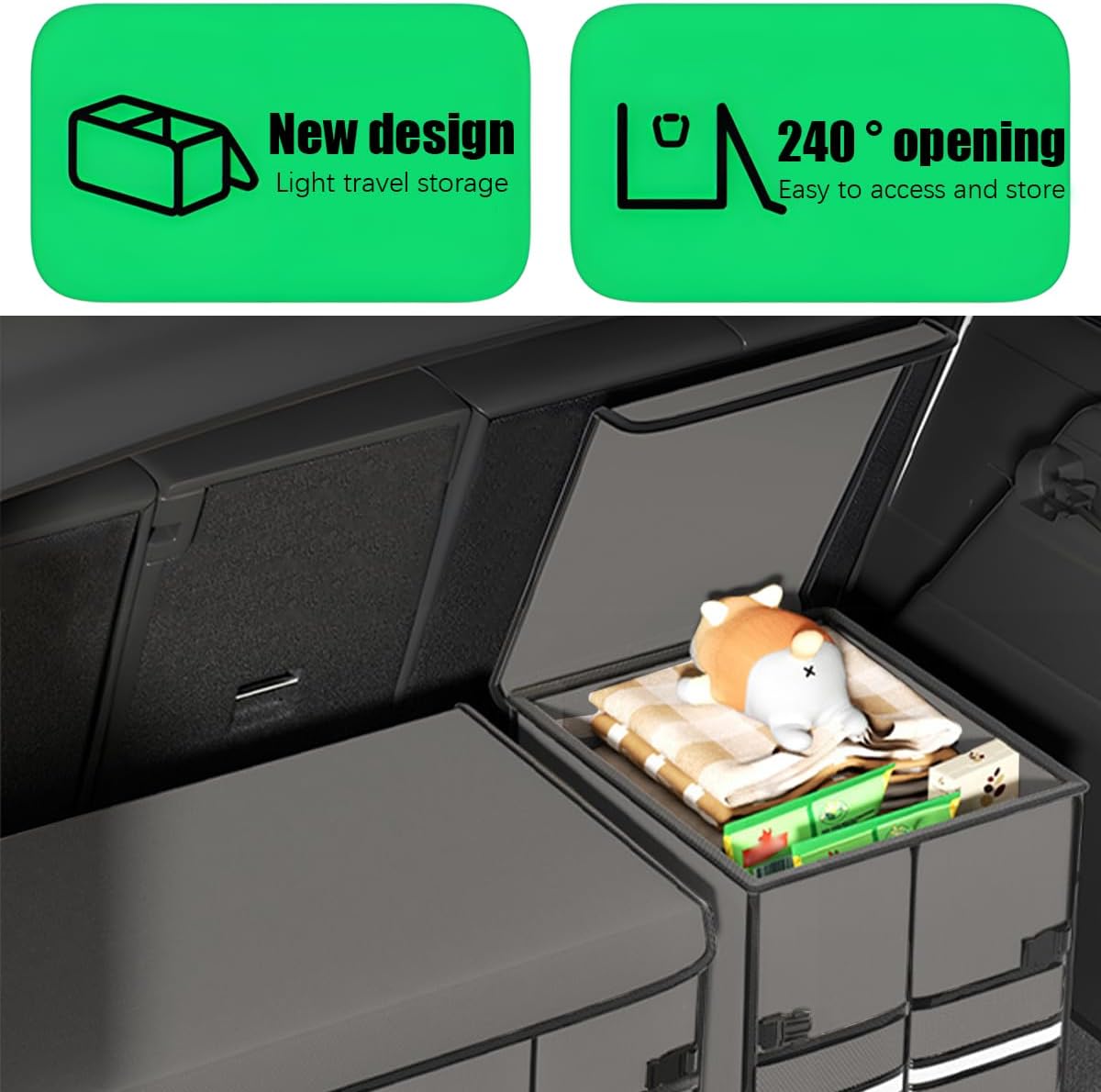 Car Trunk Organizer, Multi-Compartment Collapsible Vehicle Cargo Storage Organizer with Lid, Non Slip Waterproof Storage Box with Reinforced Handles, Universal Automotive Accessories (Black)
