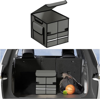 Car Trunk Organizer, Multi-Compartment Collapsible Vehicle Cargo Storage Organizer with Lid, Non Slip Waterproof Storage Box with Reinforced Handles, Universal Automotive Accessories (Black)