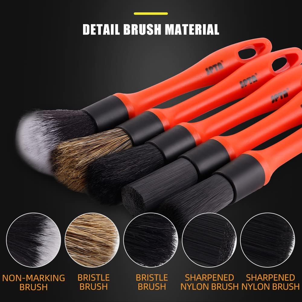 SPTA Car Detailing Brush Set, 5 Pack Soft Boar Hair Auto Detail Brush Kit with Elbow for Automotive Elegant Surface Interior Exterior Dashboard Emblems Panels Engine Bay Wheels Air Vent Seat Leather