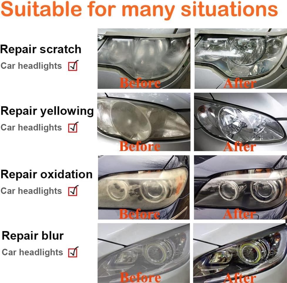 Headlight Restoration Car Headlight Lens Scratch Repair Polish Tool with 100 ml Restoration Liquid,Auto Headlight Vapor Renovation Kit with UV Block Coat to Remove Yellowing/Scratch/Haze/Oxidation