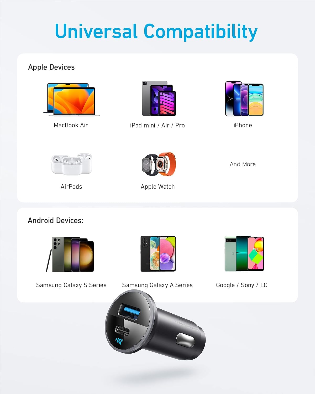 Anker 323 USB-C Car Charger Adapter, 52.5W Cigarette Lighter Charger with 30W PowerIQ 3.0 Fast Charging for iPhone 17/16/15/14/13/12 Series, Galaxy S25/24, Pixel (Car Charger + USB-C Cable)
