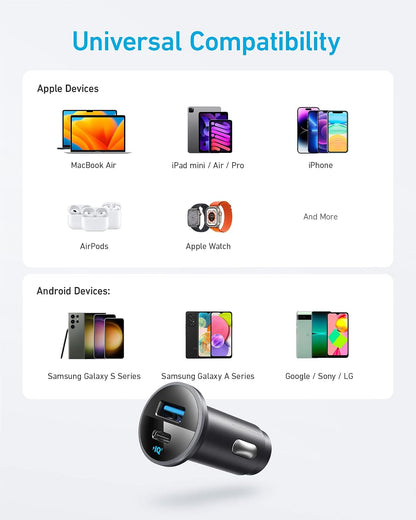 Anker 323 USB-C Car Charger Adapter, 52.5W Cigarette Lighter Charger with 30W PowerIQ 3.0 Fast Charging for iPhone 17/16/15/14/13/12 Series, Galaxy S25/24, Pixel (Car Charger + USB-C Cable)
