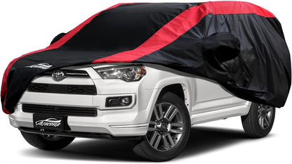 Car Cover Waterproof All Weather Protection with Red Stripe Design, Universal Fit Toyota Camry Solara, Ford Fusion, Kia Stinger Optima, Nissan Maxima, VW Passat, Subaru Legcy