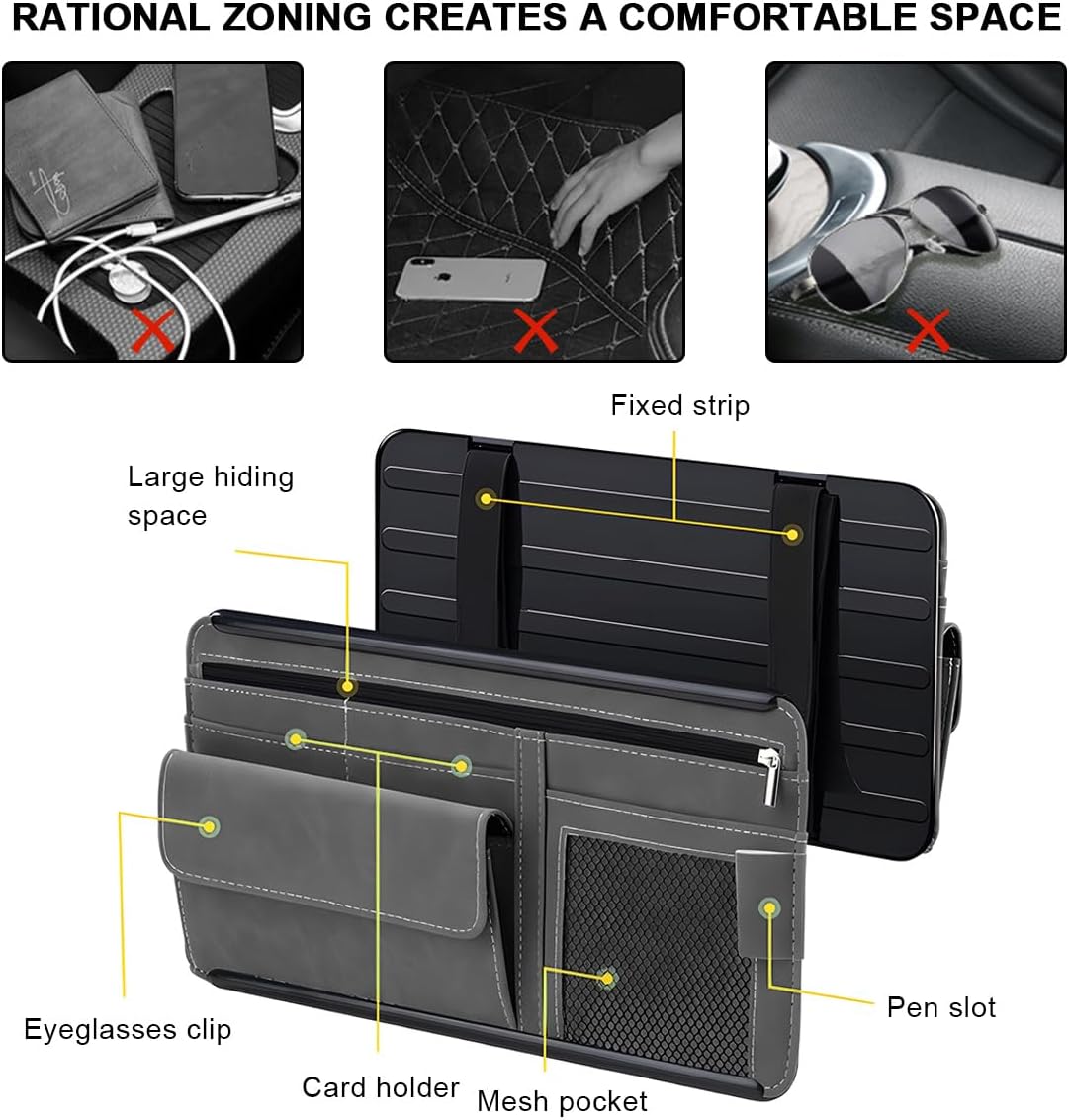 Car Sun Visor Organizer, Leather Sun Visor Pocket Organizer Case with Multi-Pocket Net Zipper, Suede Note Holder Car Visor Storage Pouch for Card Pen Sunglasses Document (Gray)