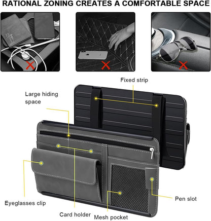 Car Sun Visor Organizer, Leather Sun Visor Pocket Organizer Case with Multi-Pocket Net Zipper, Suede Note Holder Car Visor Storage Pouch for Card Pen Sunglasses Document (Gray)