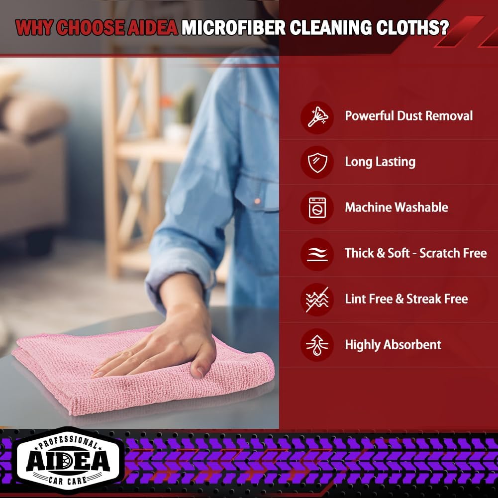 AIDEA Microfiber Cleaning Cloth, 50PK, Microfiber Towels for Cars, Premium Wash Cloths, Dusting Cloth Cleaning Rags, Absorbent Towels for SUVs, House, Kitchen, Window, Cleaning Supplies12×12"