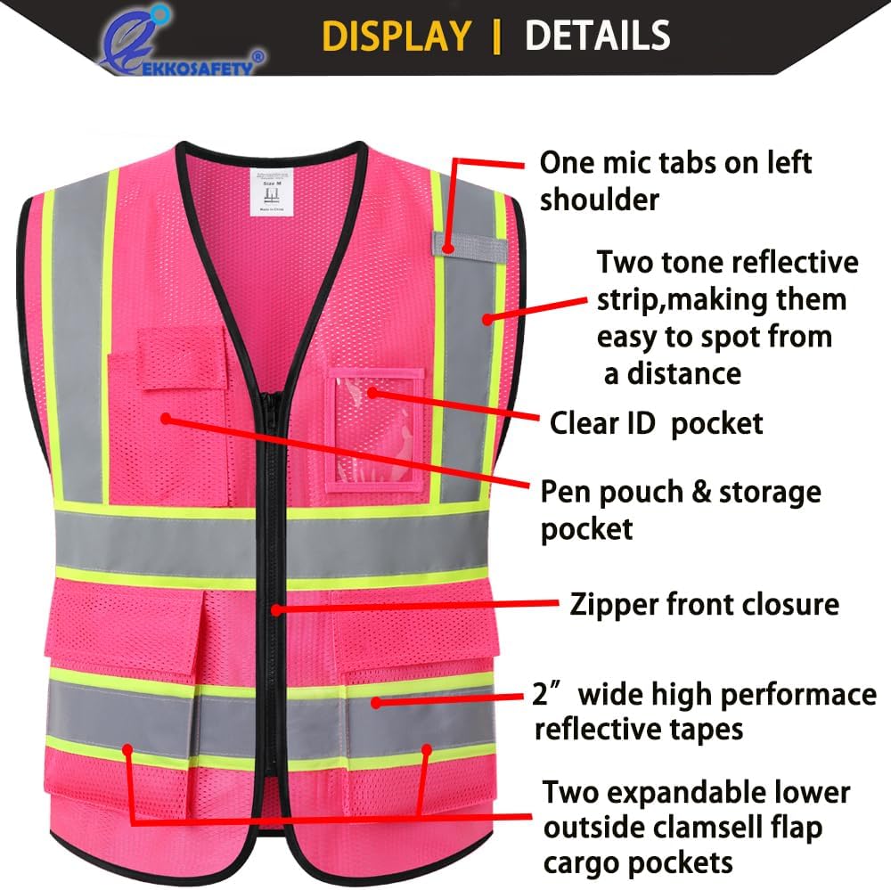 Reflective Mesh Safety Vest for Men Women with 5 Pockets and Zipper Front High Visibility Mesh Vest Hi Vis Construction Work Vest,Meets ANSI/ISEA Standards(EK175-Yellow-L)