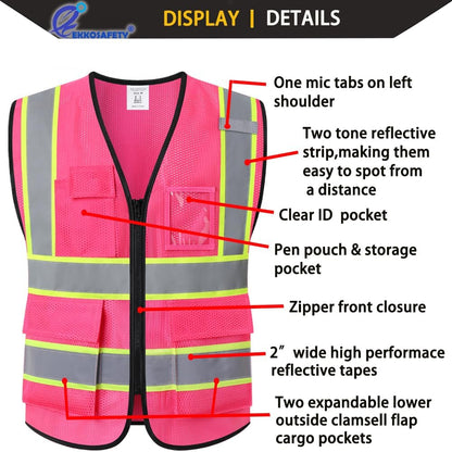 Reflective Mesh Safety Vest for Men Women with 5 Pockets and Zipper Front High Visibility Mesh Vest Hi Vis Construction Work Vest,Meets ANSI/ISEA Standards(EK175-Yellow-L)