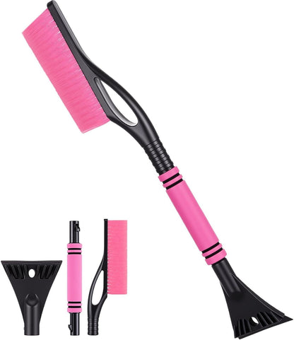 Lasnten 24'' Snow Brush and Ice Scraper for Car Windshield, 2 in 1 Detachable Snow Scraper with Soft Grip Handle and Additional Handhold, Multi-Functional Removal Tool for Car, Truck, SUV(Pink)