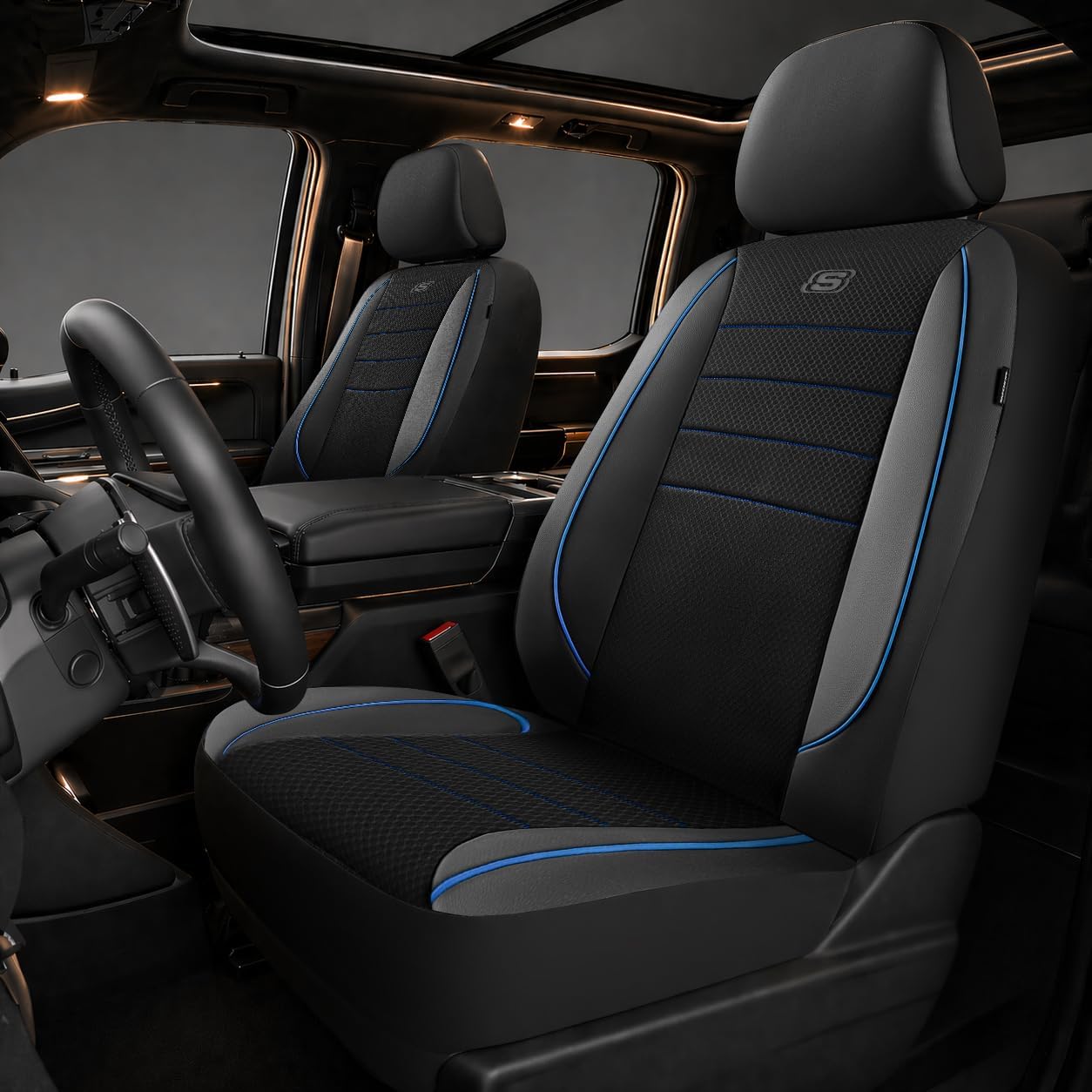 Skechers Air-Cooled Memory Foam Seat Covers,Mesh Thick Car Seat Covers,Piping Leather Car Seat Covers Front Seats,Airbag Compatible,Automotive Comfort Universal FitMost Cars,Vans,Truck,SUV,Black