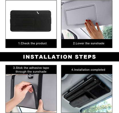 Car Sun Visor Organizer, Soft Leather Vehicle Sunshade Glasses Storage Bag with Net Zipper, Automotive Multi-Pocket Organizer for Drive License Card Glasses Document (Black)