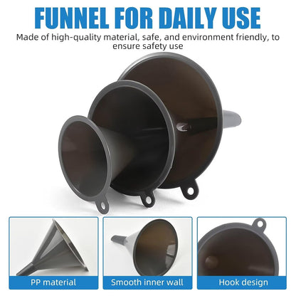 Plastic Kitchen Funnel Set of 3, Round Kitchen Funnels for Filling Bottles, Durable and Multifunctional Funnels for Filling Canning, Cooking, Lab or Car Oil (Gray)