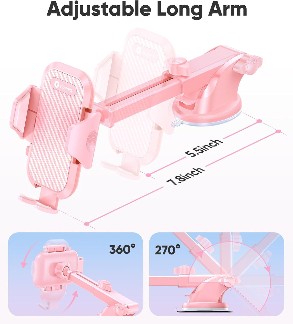 VICSEED 2026 Ultimate Sturdy Car Phone Holder [Upgraded 95+LBS Strongest Suction] Universal Long Arm Cellphone Mount for Car Dashboard Windshield Vent Truck Boat for iPhone 17 16 Pro Max & Android
