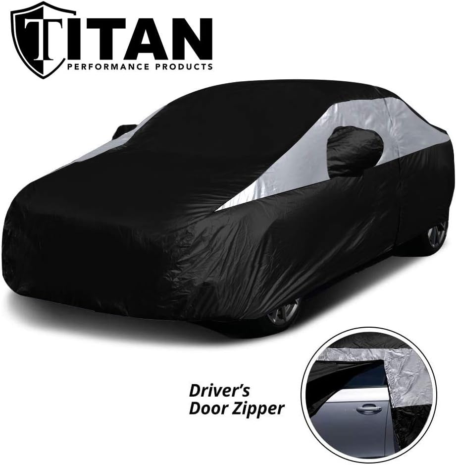 Titan Jet Black Poly 210T Car Cover for Sedans 186-202". Waterproof, UV Protection, Scratch Resistant, Driver-Side Zippered Opening. Fits Camry, Accord and More.