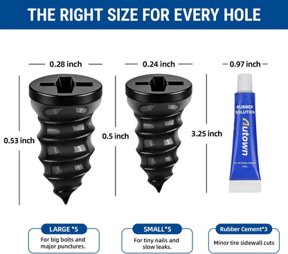 AUTOWN 21PCS Tire Repair Rubber Nail Kit - Complete Screw Plug Kit with Glue, Fast Fix for Flat Tires on Car, Truck, Motorcycle, SUV & More