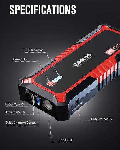 GOOLOO GP4000 Jump Starter 4000A Peak Car Starter (All Gas,up to 10.0L Diesel Engine) SuperSafe 12V Lithium Jump Box,Auto Battery Booster Pack,Portable Power Pack with USB Quick Charge and Type C Port