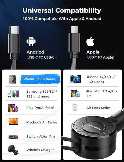 SUPERONE Retractable Car Charger for iPhone with Dual Type C Cables, 4 in 1 USB C Car Charger Adapter with 69W Fast Charging Compatible with iPhone 17 16 15 14 13 12 11 Pro/XS/XR/SE/iPad/Airpods