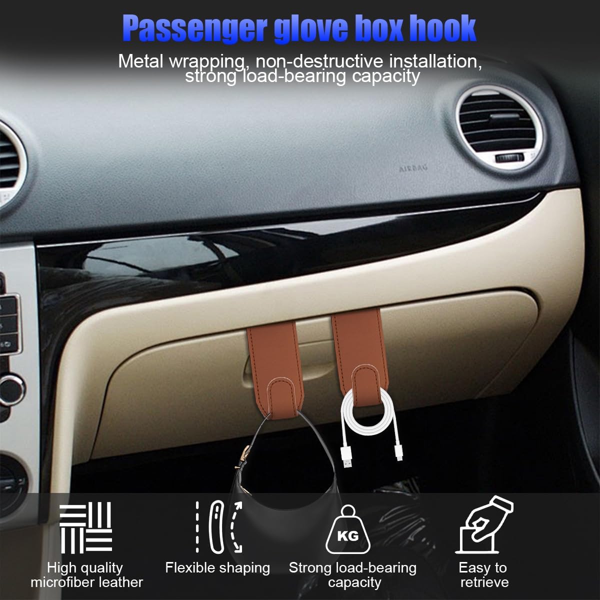 Bittwee Car Co-Pilot Glovebox Hooks, 2PCS Anti-Scratch Vehicle Passenger Seat Storage Hanger for Handbag Purse Umbrellas, Auto Interior Organizer, Universal for SUV Sedan Truck(Black)