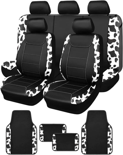 Flying Banner Carbon Fiber Leather Vehicle Seat Covers, Leopard Gray Black, Universal Fit - 8PCS