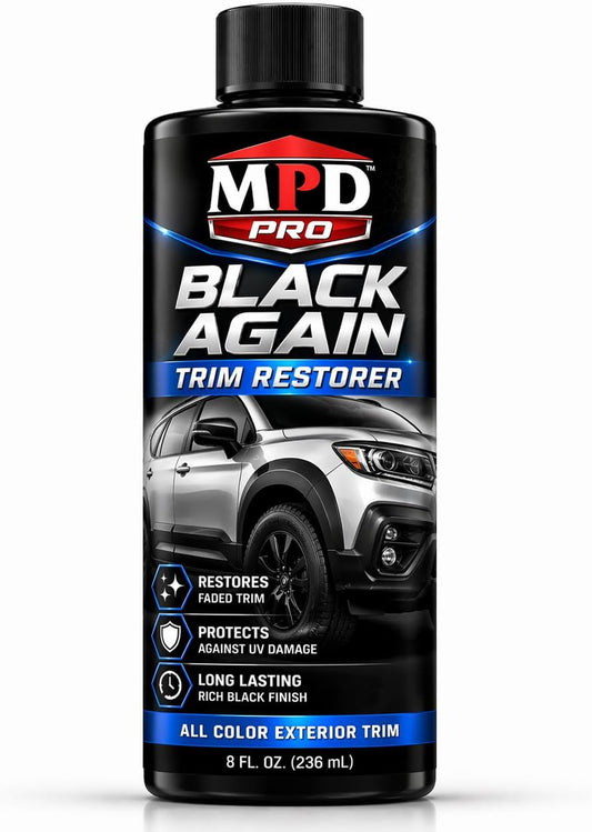 MPD Pro Black Again Trim Restorer for Cars – Restores Faded Plastic, Vinyl & Rubber Exterior Trim, Deep Black Finish for Bumpers, Mirrors & Moldings, UV Protection, Non-Greasy Formula, 8oz (Pack of 1)
