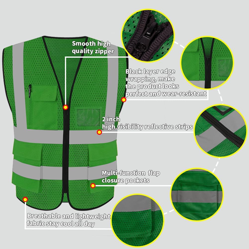 HYCOPROT High Visibility Mesh Safety Reflective Vest with Pockets and Zipper, Meets ANSI/ISEA Standards