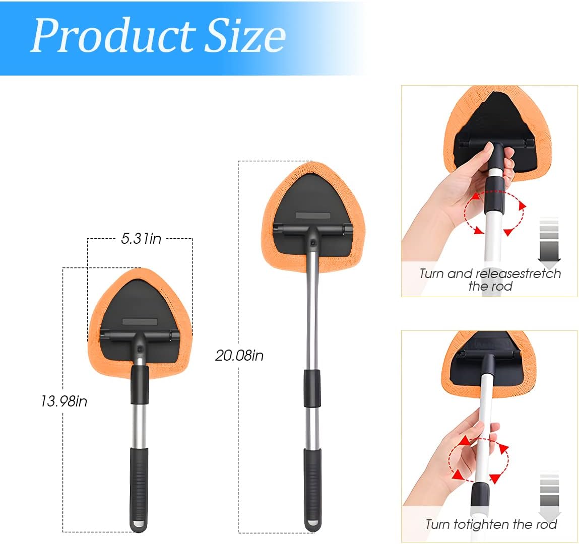 Windshield Cleaning Tool, Car Window Cleaner with Extendable Long Handle and 4 Washable Reusable Microfiber Pads, Auto Interior Exterior Glass Wiper Cleaning Kit Universal for Office and Home (Blue)