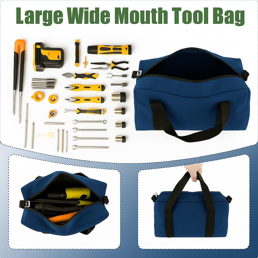 Small Tool Bag,Close Top Wide Mouth Tool Organizer Bag,Large Capacity Tool Bags for Men,Canvas Tool Storage Bag for Storage Handbag for Screwdrivers,Wrench,Pliers Hand Tools (black, 12 Inch)