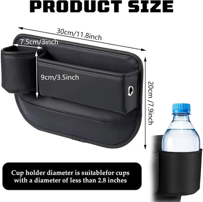 Car Leather Cup Holder Gap Bag, New Car Seat Gap Filler Organizer with Cup Holders, Console Organizer for Phone, Keys and Small Items, Universal Fit Essentials for SUV, Truck & Sedan (2pc)