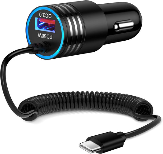 48W Super Fast Car Charger USB C Rapid Android Car Adapter with 30W Built-in Type C Fast Charging Cable for Samsung Galaxy S26 S25 S24 S23 Ultra S22 S21 S20 FE A16 A15 A14 A54 A53 A23 A13 Z Flip 7 6
