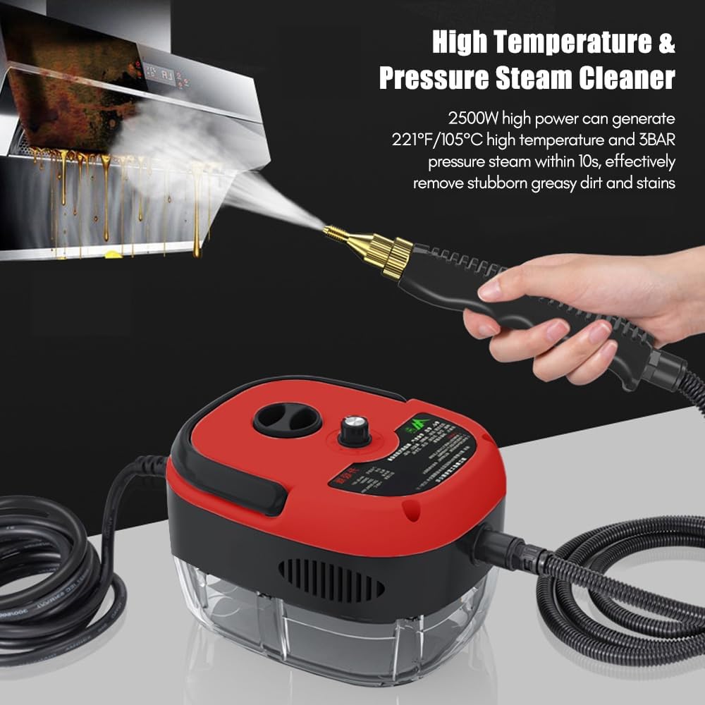 2500W Handheld Steam Cleaner High Temperature Pressurized Steam Cleaning Machine Portable Car Steamer with Brush Heads (Red)