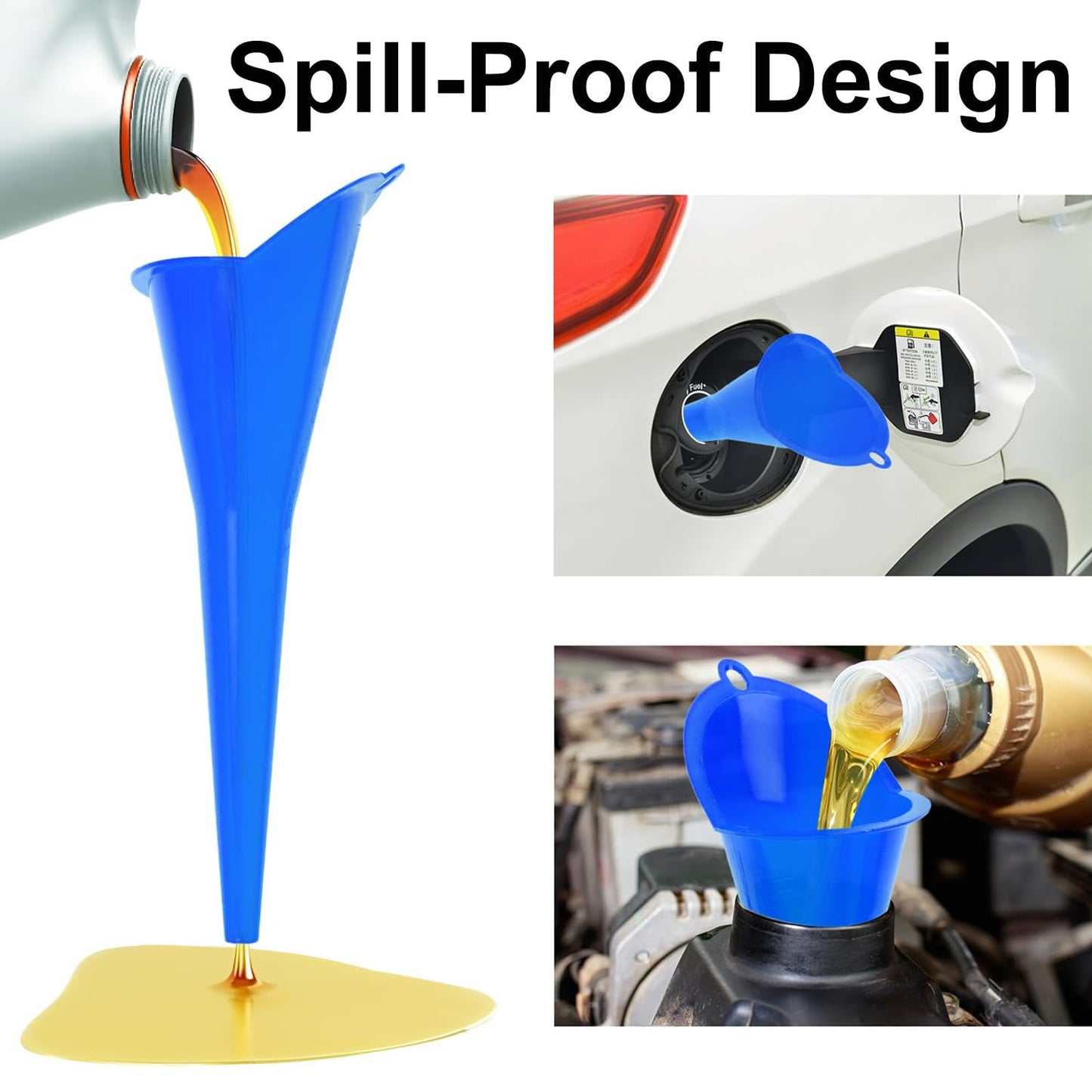 3-Pack Long-Neck Oil Funnels, 11" Multi-Purpose Funnels for Automotive & Motorcycle Use – Reusable Funnel for Oil, Gas & Transmission Fluid (Orange&Blue&Black)