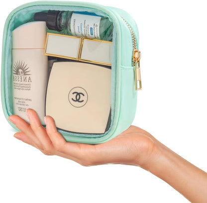 Small Clear Makeup Bag for Purse Small Cosmetic Bag Travel Size Toiletry Bags Cute Travel Makeup Bag,Coin Purse,Car Asscessories Organizer Storage Travel Essentials for Women Girls(Clear-Beige)