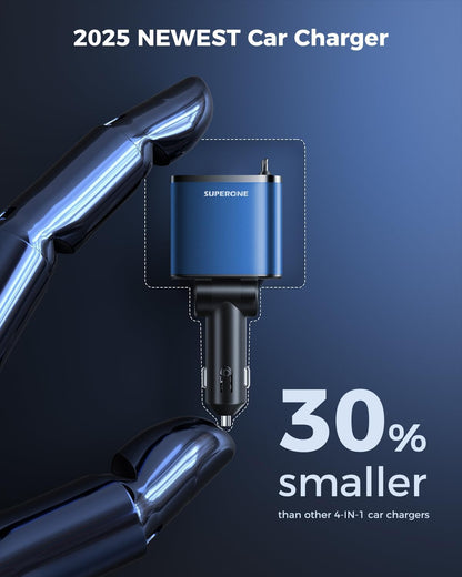 Retractable Car Charger, SUPERONE 99W Car Phone Charger with Cables Fast Charging, USB C Car Charger Adapter for iPhone 17 16 15 14 13 12, Samsung, Black