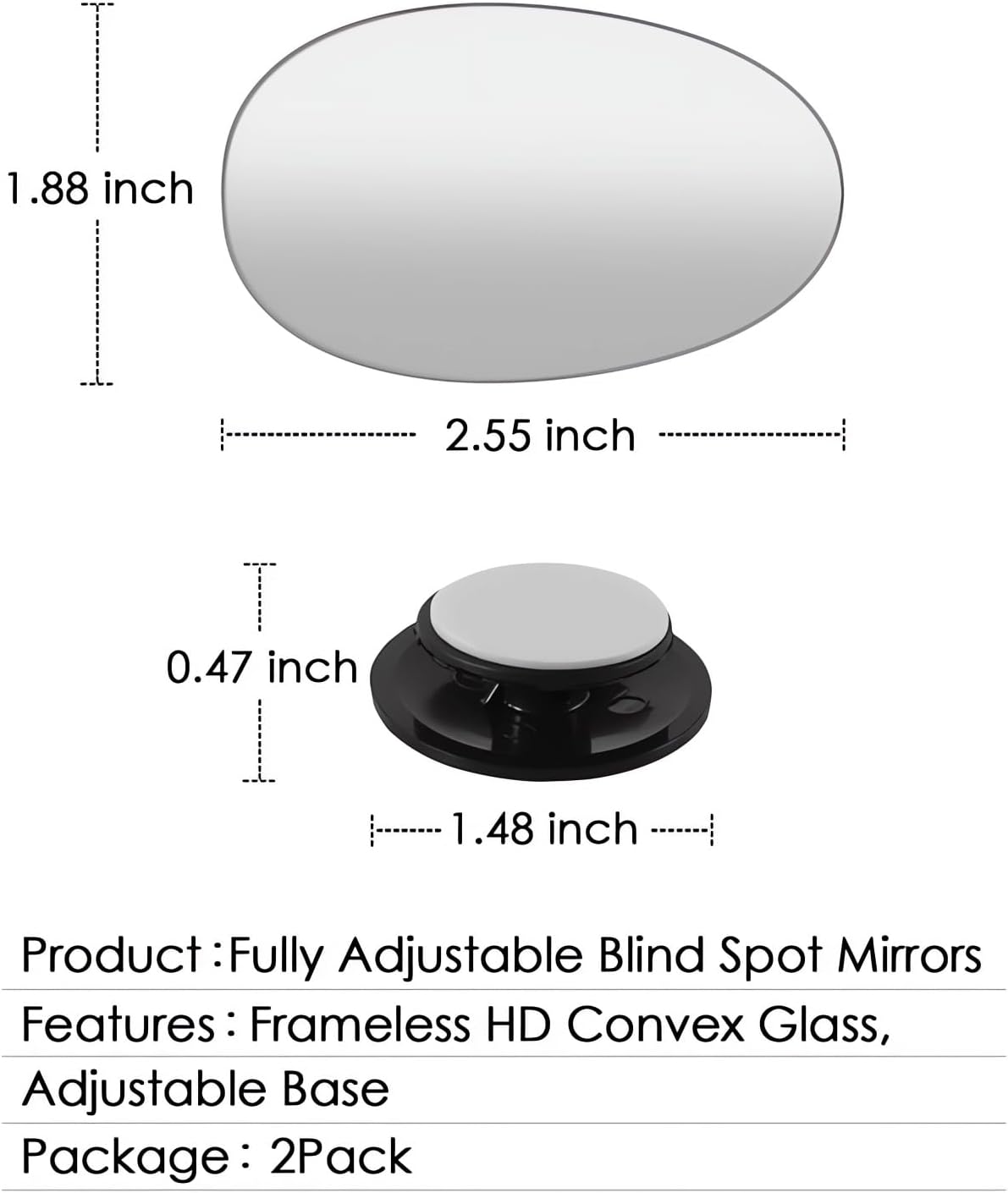 2 pcs Blind Spot Mirrors, 2" Round HD Glass Convex 360° Wide Angle Side Rear View Mirror with ABS Housing for Cars SUV and Trucks, Black, Pack of 2