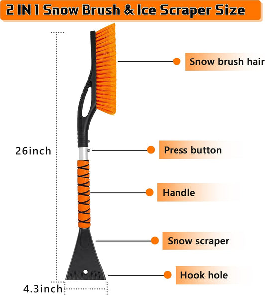 27" Snow Brush and Ice Scrapers for Car Windshield, Trucks, Car Accessories | 2 in 1 Detachable Snow Remover with Ergonomic Foam Handle