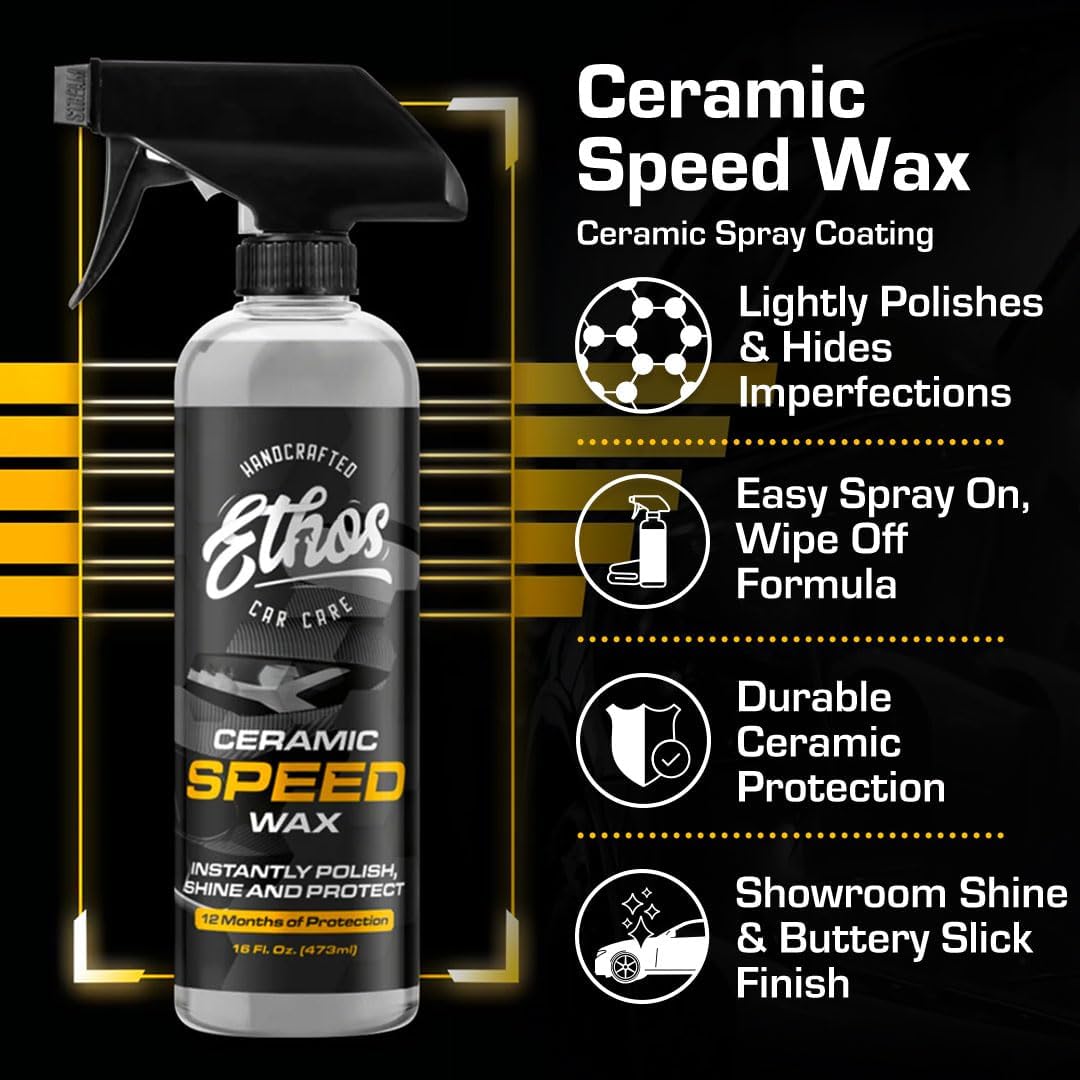 Ethos Ceramic Speed Wax – SiO2 Ceramic Coating Spray for Cars – Hydrophobic Car Wax Spray Top Coat Polish – High Gloss Shine, Ceramic Spray Wax – 12+ Month Protection