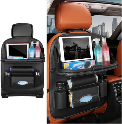 Car Seat Back Organizer, Leather Vehicle Seatback Storage Pocket with Foldable Table Tray, Multifunctional Automotive Backseat Protectors Kick Mats Accessories, Universal Fit (Brown)