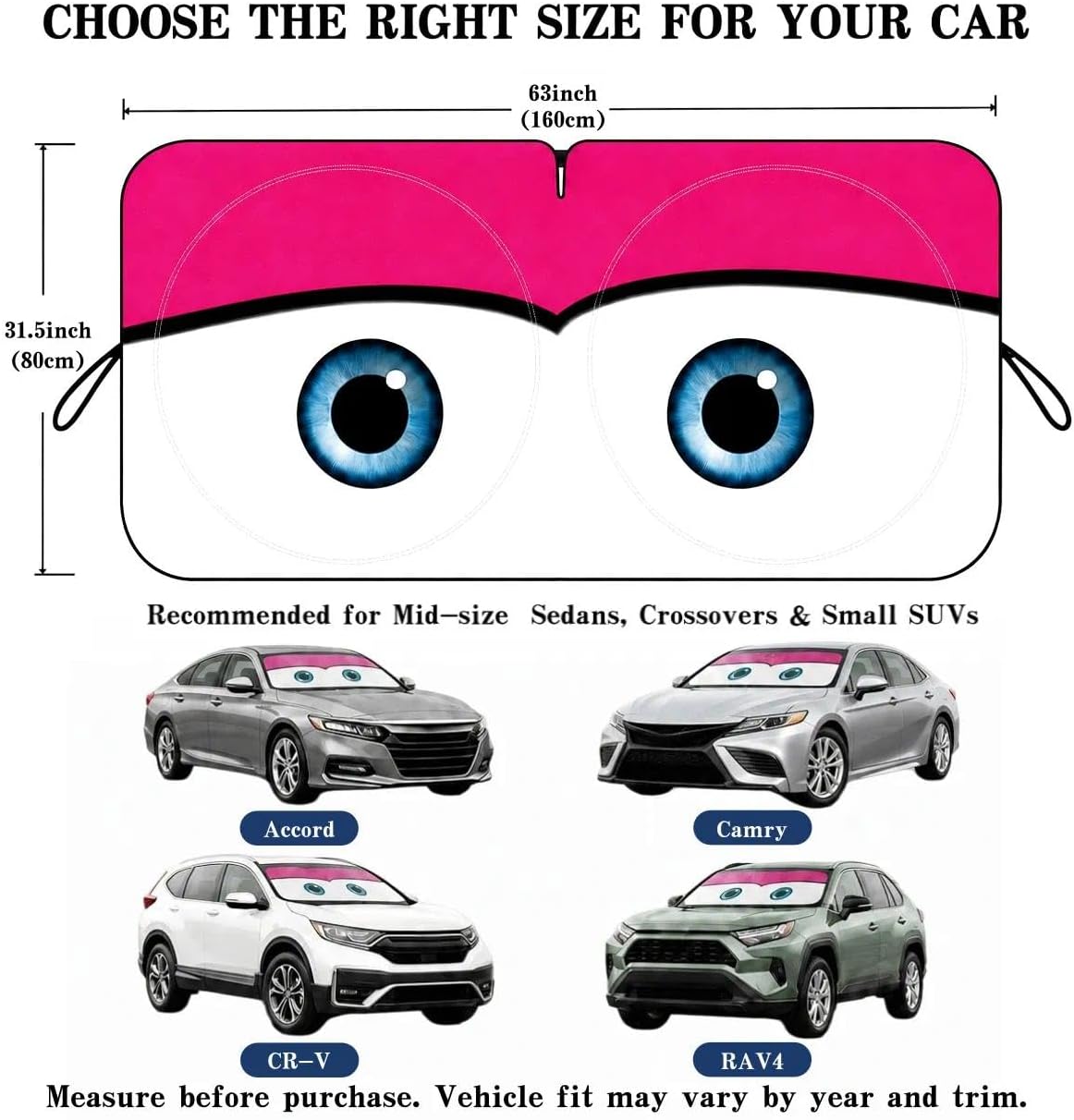 Car Windshield Sun Shade, Funny Cartoon Eyes Sun Visor for Car Windshield Universal Fits Sedan Compact Car Hatchback SUV, UV Heat Protection - 59 x 27.5