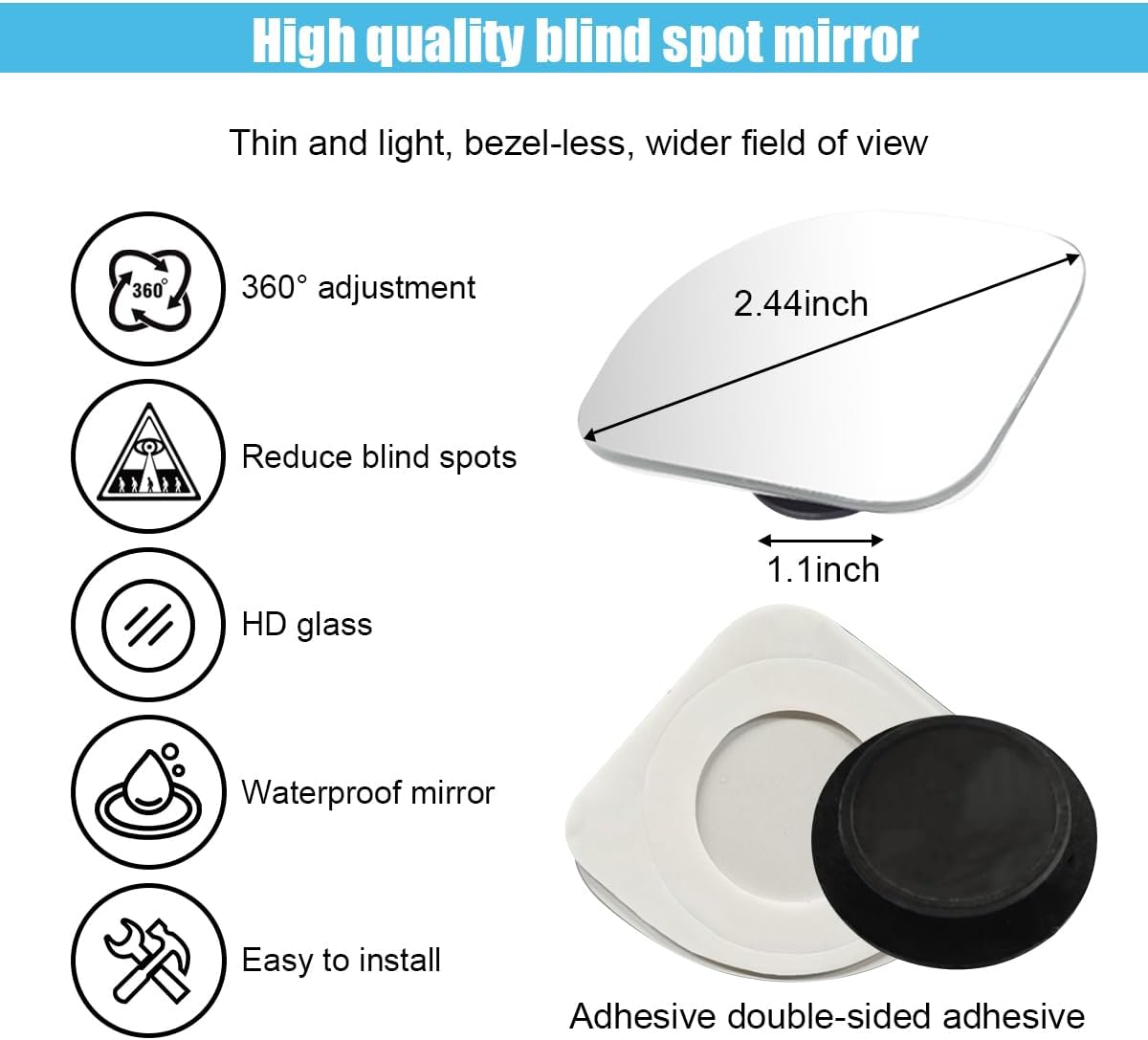 GLSOWEE Car Blind Spot Mirror, 2"" Round Convex Mirror, Frameless HD Glass Rear View Mirror with Wide Angle Adjustable Stick, Universal Vehicle Exterior Accessories for Car SUV Truck (2 PCS)